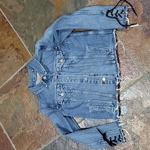 Vintage Levi's Distressed Raw Edge Altered Crop Trucker Jacket w laced sleeves